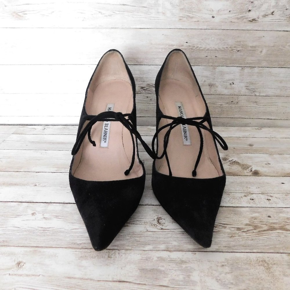 VINTAGE MANOLO BLAHNIK  Black Suede Leather Mary Janes 37.5